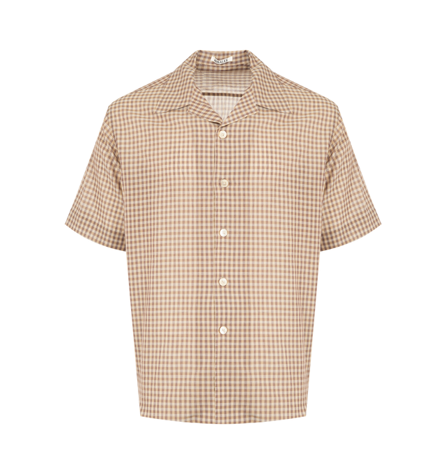 Image 1 of 2 - BROWN - AURALEE Airy Light Cotton Check Shirt featuring short sleeves, check print, spread collar, button front and relaxed fit. 100% cotton.