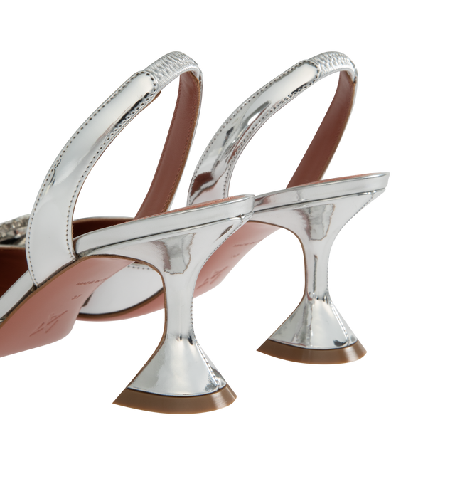 Image 3 of 4 - SILVER - AMINA MUADDI Begum Pointed Toe Slingback Pump featuring pointy-toe pump,  sparkly crystal brooch, pedestal-like flared heel and slingback. 70MM. Leather upper and lining. Leather and synthetic sole. Made in Italy. 