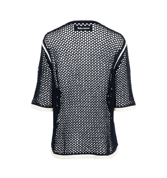 Image 2 of 2 - NAVY - Adidas by Wales Bonner Knit Tee featuring open crochet knit fabric, short leeves and crew neck. 60% cotton, 40% recycled polyester.