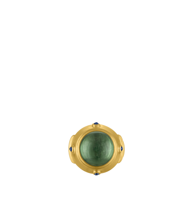 Image 1 of 3 - GREEN - Prounis Green Tourmaline and Blue Sapphire Yia Yia Ring is handcrafted from 22K yellow gold and features a green tourmaline accented with four blue sapphires in a design honoring the family matriarch. Band Width: 19 mm tapering to 4 mm. Handmade in New York. For personal consultation and detailed information about jewelry, please contact our dedicated stylist team at personalshopping@hirshleifers.com.This item may be restricted for online purchase to international clients. For assista