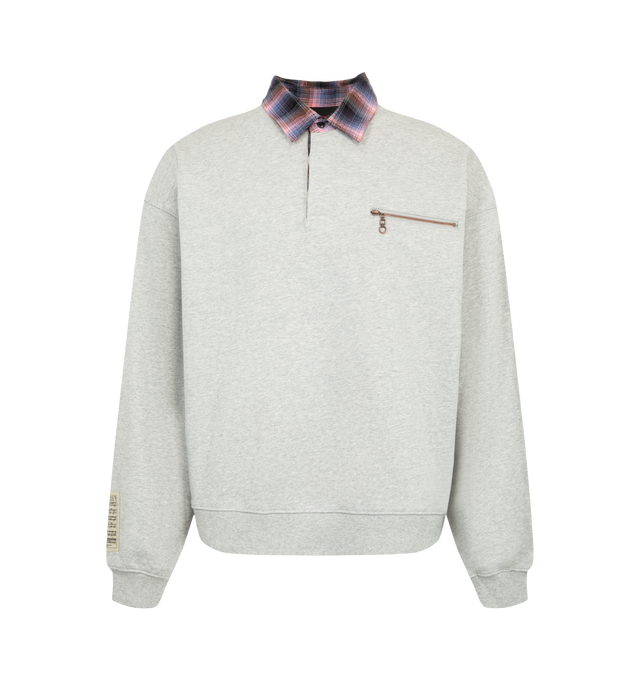 Image 1 of 3 - GREY - Pleasures Men's Town Polo Sweatshirt is crafted from a cotton-blend fabric and features a relaxed silhouette with a contrasting plaid point collar. Designed with a quarter-zip neckline, the sweatshirt is detailed with a zippered chest pocket accented by contrast trim and finished with rib-knit cuffs and hem. Main Material: Cotton/ Polyester Blend.