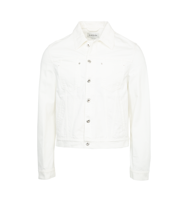 Image 1 of 3 - WHITE - LANVIN Denim Jacket featuring regular fit, fringing and raw-hem finishes, tone-on-tone topstitching and button front closure. 98% cotton, 2% elastane. Made in Italy. 