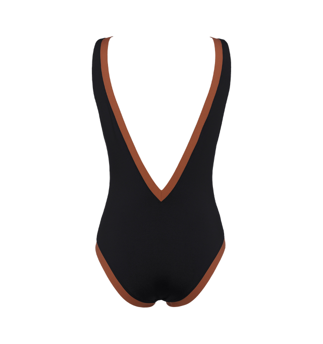 Image 2 of 6 - BLACK - ERES Sombrero One-Piece Tank Swimsuit featuring broad straps, contrasting trims, a high neckline with a low-cut V-shaped back. 84% Polyamid, 16% Spandex. Made in Italy. 