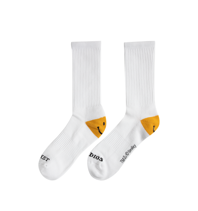 Image 2 of 5 - WHITE - MARKET Smiley Heel Socks featuring a soft and stretchy cotton/spandex blend, comfortable, breathable fit and Smiley graphic on the heel.
