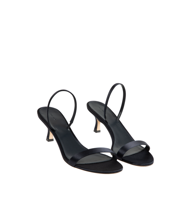 Image 2 of 5 - NAVY - The Row Women's Ella Kitten Slingback Heel featuring heeled sandal in satin with almond toe, slim heel and toe straps with concealed elastic band and leather sole. 2 in. heel. 72% viscose, 28% silk. Lined in 100% lambskin leather. Calfskin leather sole. Made in Italy.