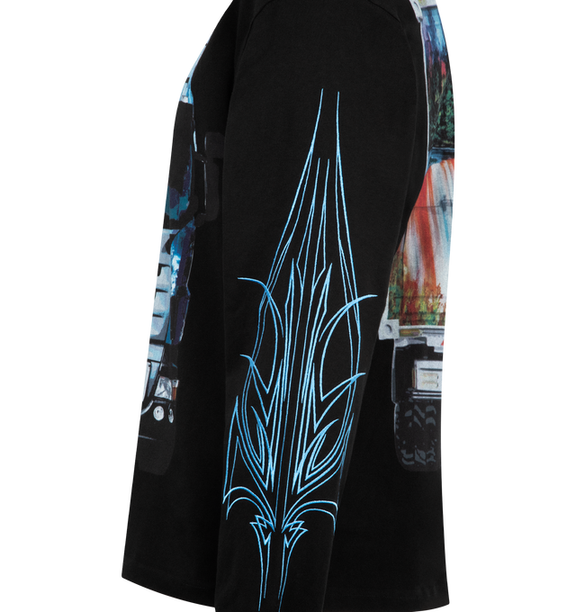 Image 3 of 3 - BLACK - PLEASURES Semi Heavyweight Graphic Long Sleeve Tee featuring crewneck, pullover style, long sleeves, truck graphic prints on front and back and print styling on arms. 100% cotton.