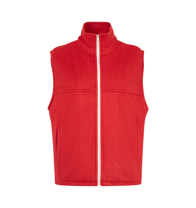 Image 1 of 2 - RED - Auralee Men's Pure Silk Comfort Fleece Vest is crafted from 100% silk fleece spun entirely from fine-count silk yarns and features a relaxed-fit silhouette designed for versatile layering. Finished with a specialized brushing process that creates a rich, bundled surface texture, this elevated vest offers exceptional softness, generous volume, and the natural luster and color clarity unique to silk. Main Material: 100% Silk.