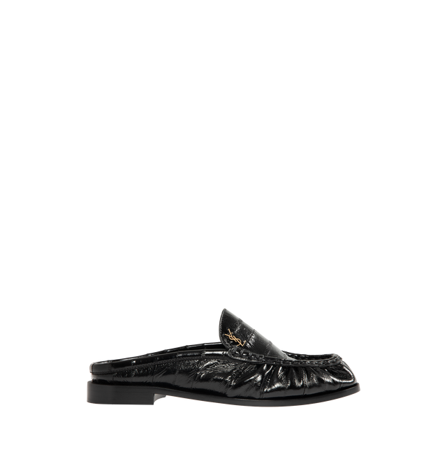 Image 1 of 4 - BLACK - SAINT LAURENT Le Loafer Mule featuring croc-embossed leather upper with leather sole, slip-on styling, cushioned leather footbed, signature penny loafer strap, cassandre at vamp and almond toe. Made in Italy.