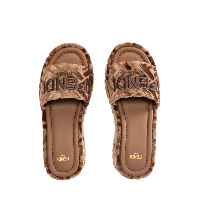 Image 4 of 4 - BROWN - FENDI Sunshine Platform Wedge Slide Sandal featuring dimensional logo embroidery tops the wide strap, slide sandal made from burnout velvet in an FF motif that also wraps the platform wedge. Textile upper, leather lining, rubber sole. Made in Italy.