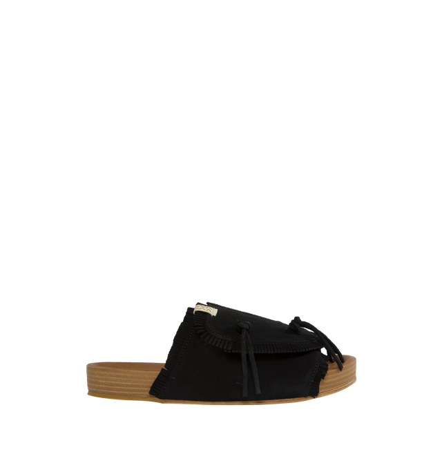 Image 1 of 4 - BLACK - VISVIM Christo Shaman-Folk Slides featuring a cork footbed, suede upper, fringed detailing and custom Vibram rubber heel.  