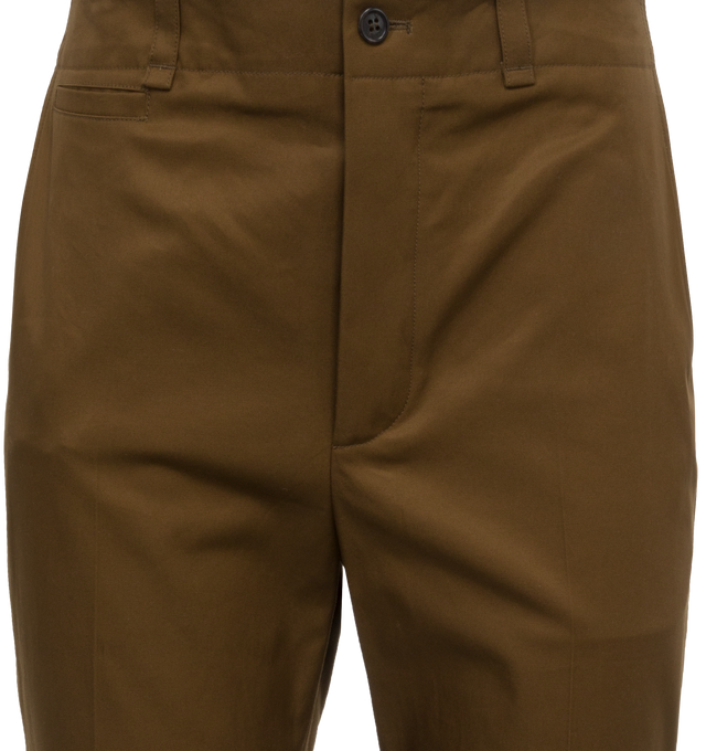 Image 4 of 4 - BROWN - SAINT LAURENT Cotton Twill Pants featuring mid rise, tailored, straight leg, center crease, slash pockets, upturned cuffs and belt loops. 100% cotton. Made in Italy. 