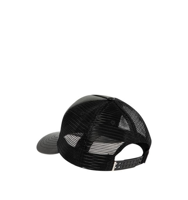 Image 2 of 3 - BLACK - AMIRI Leather MA Trucker Cap featuring mesh and buffed leather cap, logo embroidered at face, curved brim, logo plaque at snapback fastening and twill lining. 100% leather. Body 2: 100% polyester. Lining: 100% viscose. Made in United States.