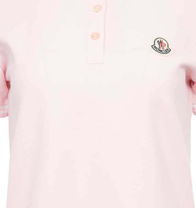 Image 3 of 3 - PINK - MONCLER Logo Patch Polo Shirt featuring cotton piquet, collar with button closure, short sleeves and felt logo patch. 100% cotton. 