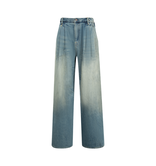 Image 1 of 3 - BLUE - R13 Women's Triple Pleated Wide Leg Jeans are crafted from nonstretch cotton denim and feature a faded medium wash with dramatic pleated detailing that enhances the wide-leg silhouette. Designed to make a statement while maintaining everyday versatility, this Italian-made style is finished with classic golden topstitching, adjustable waist tabs for a customizable fit, a zip fly with button closure, front slant pockets, a back patch pocket, and a back button-welt pocket. Main Material: