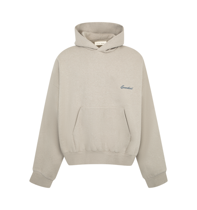 Image 1 of 2 - NEUTRAL - Fear of God ESSENTIALS Men's Signature Classic Hoodie is crafted from heavyweight 380 GSM core fleece and features a classic relaxed-fit silhouette with a double-layer hood for enhanced comfort and structure. Designed with an embroidered ESSENTIALS signature logo at the front, this elevated everyday essential is finished with a kangaroo pocket, rib-knit cuffs and hem, and a signature ESSENTIALS label at the hood edge. Main Material: 80% Cotton, 20% Polyester, 380 GSM Core Fleece.