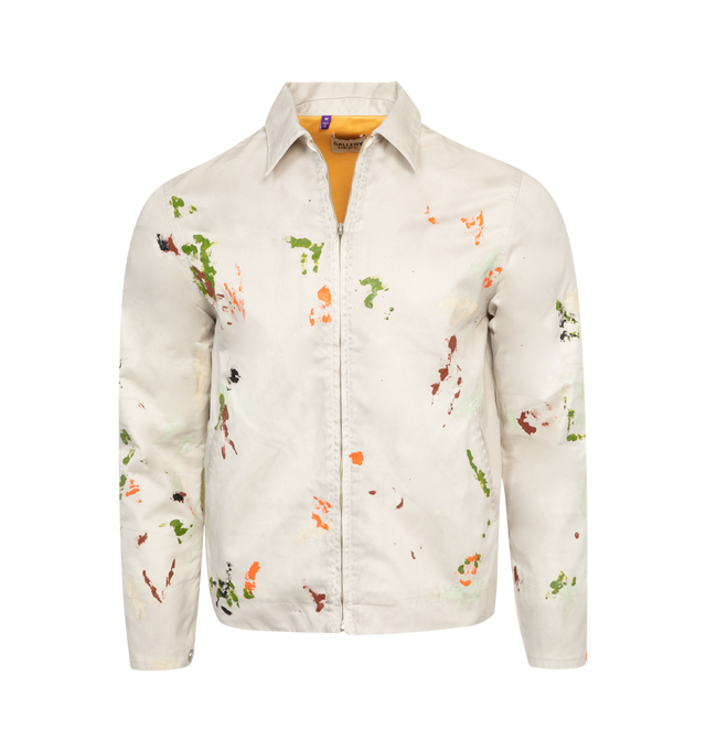 Image 1 of 2 - WHITE - GALLERY DEPT. Montecito Jacket featuring a rayon lining, relaxed fit, hidden interior pocket, full-zip closure, screen-printed branding placed at the front and rear and multi-colored paint splatter. 100% cotton. 