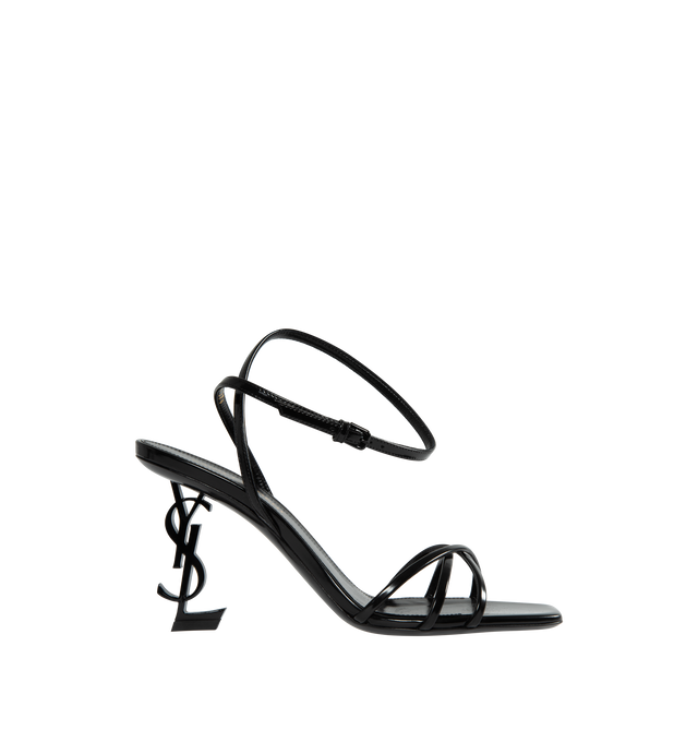 Image 1 of 4 - BLACK - SAINT LAURENT Opyum 85 Sandal featuring YSL heel, adjustable ankle strap and leather sole. 3.3 inch heel. 100% calfskin leather. Made in Italy.  