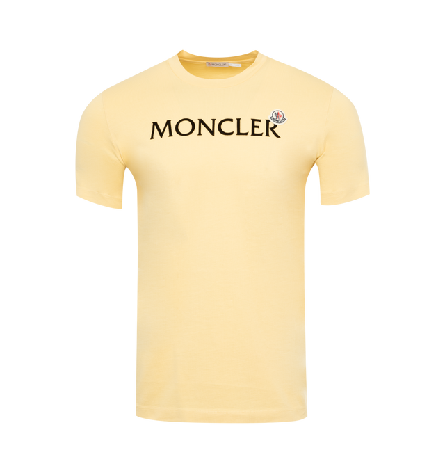 Image 1 of 2 - YELLOW - MONCLER Logo T-Shirt featuring crew neck, short sleeves and flock print with logo lettering. 100% cotton. 