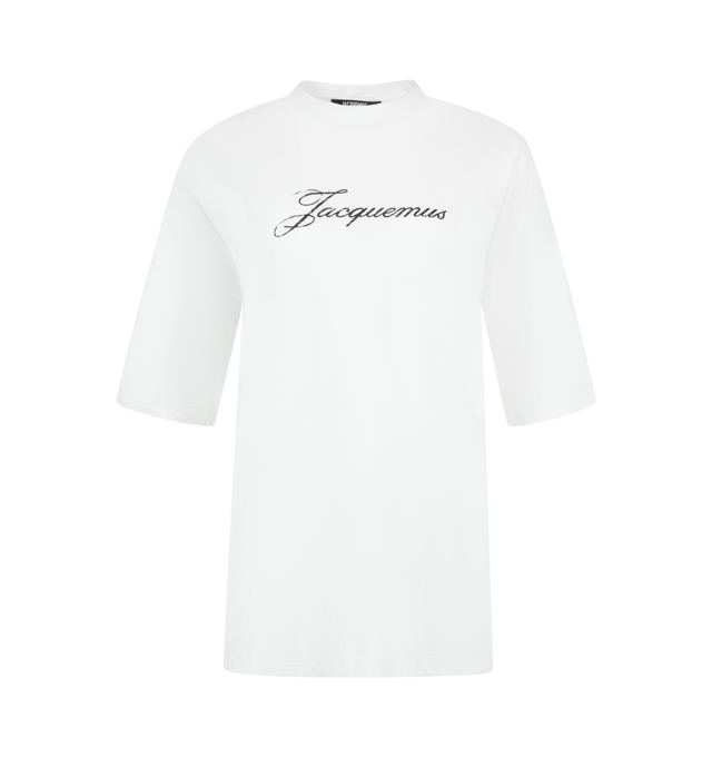 Image 1 of 2 - WHITE - Jacquemus Women's Logo T-Shirt is crafted from cotton hemp jersey and features a straight fit, ribbed crew neckline, half length sleeves, and a printed logo at the chest. Main Material: 85% Cotton, 15% Hemp. Made in Portugal.