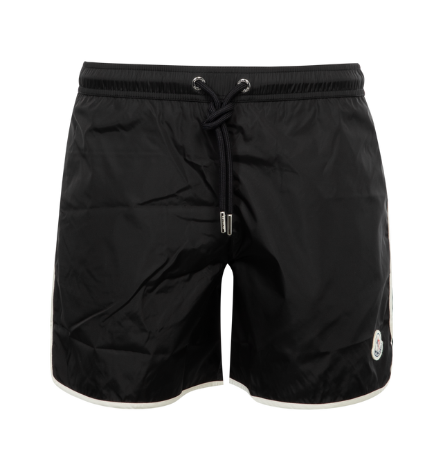 Image 1 of 3 - BLACK - MONCLER Logo Swim Shorts featuring micro mesh lining, waistband with drawstring fastening, side pockets, back pocket and logo patch. Length (from waist to knee): 35 cm. 100% polyamide/nylon. 