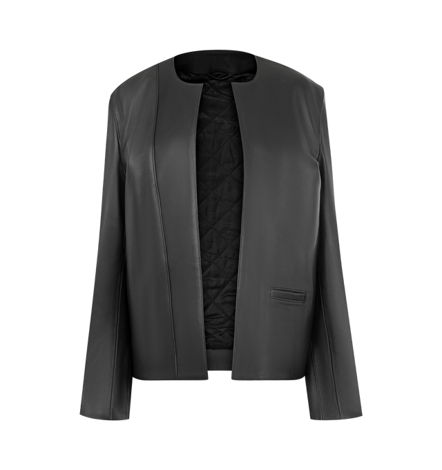 Image 1 of 2 - BLACK - TOTEME Minimal Biker Jacket featuring relaxed fit, smooth leather, a round neckline, subtle vent detailing at the back, two slit side pockets, a front mini pocket, lightly quilted inside and designed to be worn open. 100% cow leather.