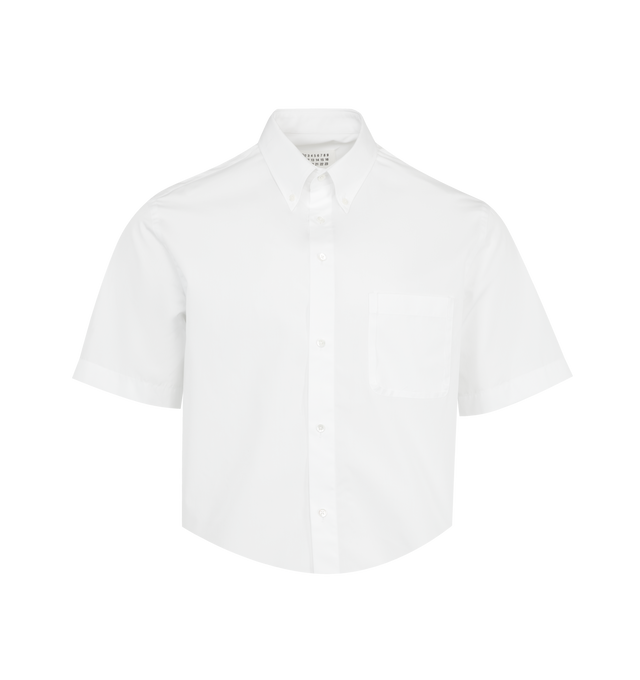 Image 1 of 2 - WHITE - MAISON MARGIELA Cropped Short Sleeve Shirt featuring short-sleeves, button-down collar, chest patch pocket and button front closure. 100% cotton. Made in Italy.