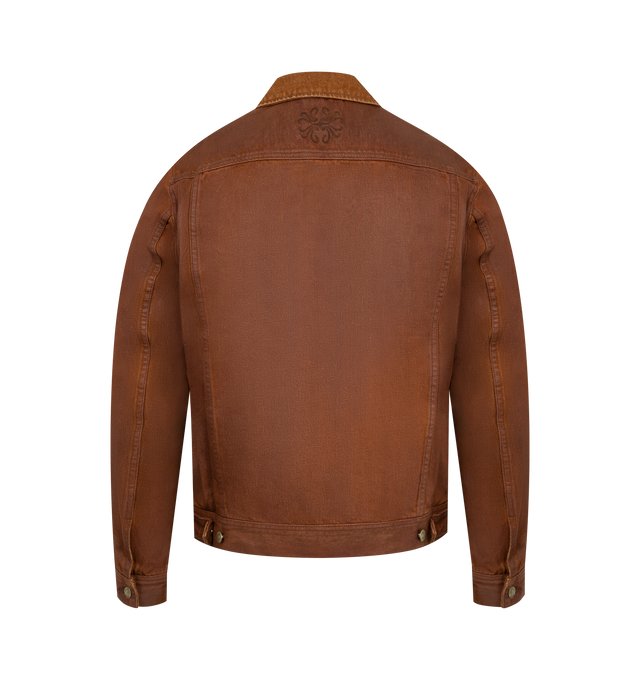 Image 2 of 3 - BROWN - MIDNIGHT RODEO Coated Denim Trucker Jacket featuring a waxed coating, slim fit, cropped, tonal branding at the back yoke, front button closure, spread collar, button cuffs, chest button-flap pockets, front welt pockets and adjustable button side tabs. 100% cotton.