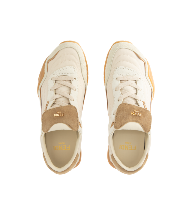 Image 5 of 5 - WHITE - FENDI Wave Pulse Sneaker featuring low-top, lace-up, suede, technical fabric and printed details, contrasting cavallino calfskin inserts and folded tongue, mlange tubular laces, three-dimensional rubber logo on the side, gold-colored metal Fendi logo on the tongue, rubber running sole with wraparound edge on the side and diagonal F motif. 100% calfskin. Inside: 100% lambskin. Made in Italy.