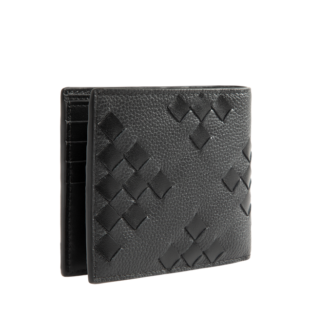 Image 2 of 3 - BLACK - Bottega Veneta Men's Intrecciato Bi-Fold Wallet is crafted from grained and smooth calfskin leather and features the house's signature Intrecciato weave with an intricate geometric pattern. Designed for everyday functionality, this designer leather wallet includes eight card slots, two bill compartments, and two additional interior pockets. Main Material: Calfskin Leather. Lining: Calfskin Leather. Made in Italy.