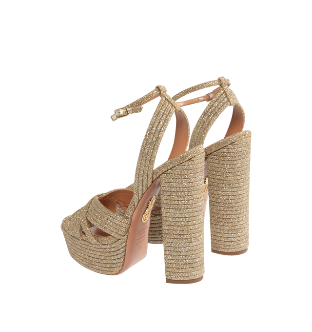 Image 3 of 4 - NEUTRAL - AQUAZZURA Sundance Plateau Platform Sandals featuring a glittery fabric, complete with multiple band detailing, platform soles, round open toe and leather lining. 140mm block heels. Made in Italy.