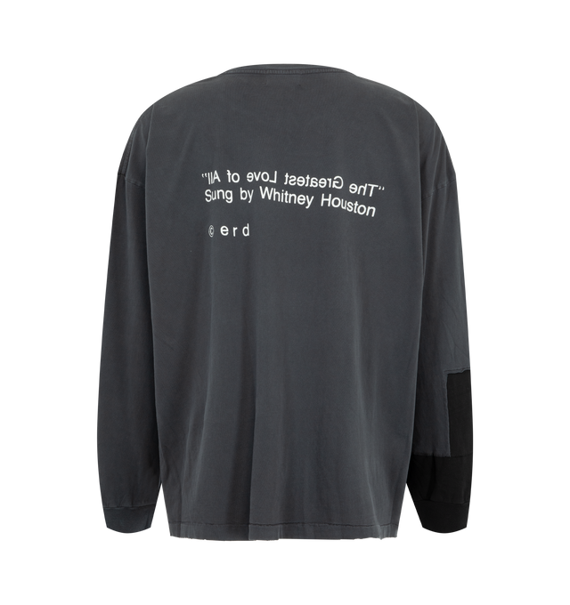 Image 2 of 3 - BLACK - Enfants Riches Deprimes The Greatest Love Of All long sleeve T-shirt crafted from heavy weight cotton jersey. Featuring a boxy cropped fit, rib knit necklineand cuffs, raw hem at front waist, single stich hem at back waist, repair panel at sleeve cuff, vintage wash process and distressing throughout, and printed artwork at the front and back. Made in USA.