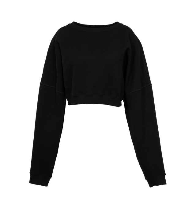 Image 1 of 3 - BLACK - SAINT LAURENT Cropped Sweater featuring wide round neck, ribbed trims, drop shoulder and tonal logo embroidery on sleeve. 100% cotton. Made in France.  