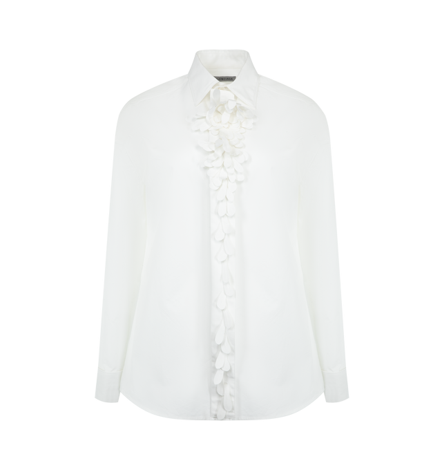 Image 1 of 2 - WHITE - BALENCIAGA Floral Appliqu Shirt featuring long sleeves, button fastening, point collar, French cuffs, dropped shoulders, yoked back, box pleat, hem falls below the hip and shirttail hem. 100% cotton. Made in Italy.