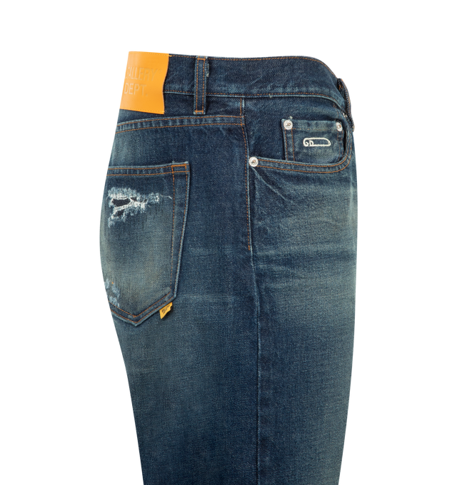 Image 3 of 3 - BLUE - GALLERY DEPT. Marley Denim featuring classic silhouette with a mid-rise fit, 5-pocket design, slight distressing, debossed tan leather GALLERY DEPT. jacron on the back waistband, embroidered GD pin detailing on the coin pocket and GD custom hardware. 100% cotton. Made in USA.