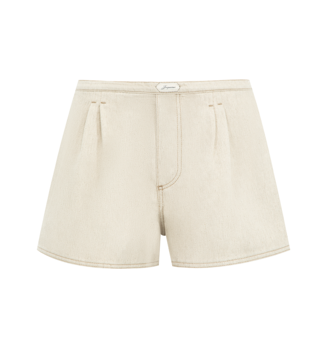 Image 1 of 3 - NEUTRAL - JACQUEMUS Amelo de-Nmes Denim Shorts featuring denim pleated shorts, mid rise, hemp denim, embroidered patch on the front waistband, stitched pleats, faux fly, embroidered J on the leg, integrated tied belt in the back and elasticated waistband in the back. 80% cotton, 20% hemp. Lining: 65% polyester, 35% cotton. Made in Italy.
