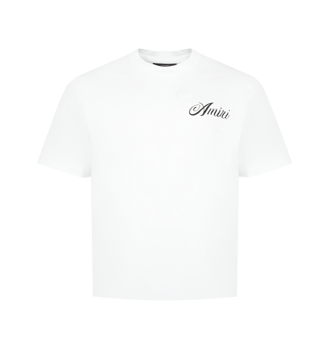 Image 1 of 2 - WHITE - AMIRI Mountain Tee featuring round neck, chest logo, back mountain design, short sleeves, straight hem and tonal stitching. 100% cotton.