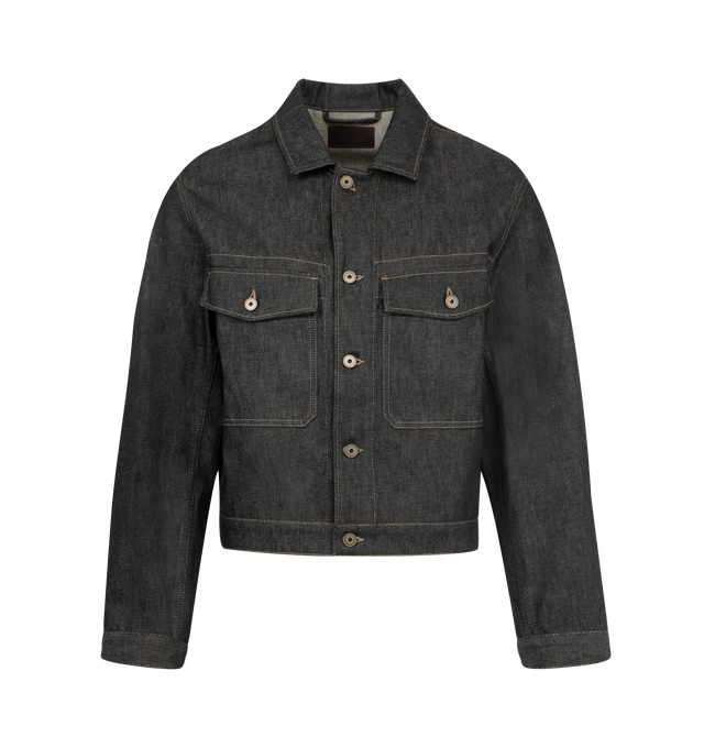 Image 1 of 3 - GREY - LEMAIRE Trucker Jacket featuring shirt collar, front button closure, long sleeves, straight buttoned cuffs, chest patch pockets with button flaps, adjustable tabs at the waistband and contrast top stitching, 100% cotton.