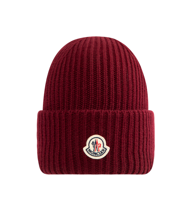 Image 1 of 2 - RED - MONCLER Beanie featuring a wool and cashmere blend, brioche stitch, gauge 3 and a felt logo patch. 70% virgin wool, 30% cashmere. Made in Italy.