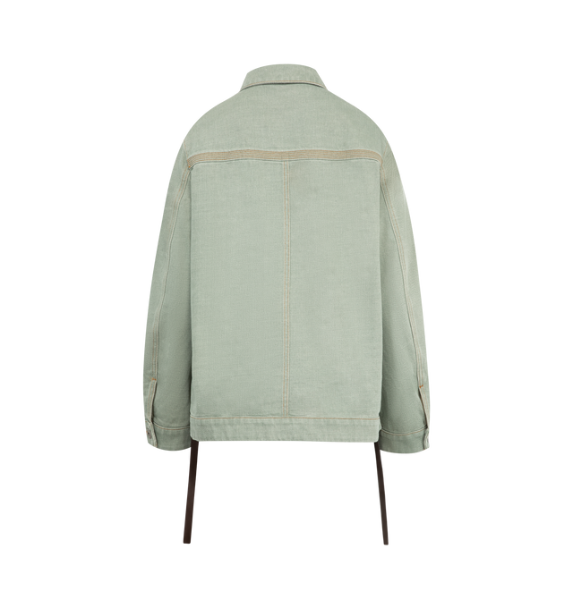 Image 2 of 4 - GREEN - Loewe Women's Workwear Jacket in medium-weight washed cotton denim featuring an asymmetric front to back hem with ties at the sides. Regular fit, regular length with classic collar, button front fastening, buttoned cuffs, patch pockets, signature four-row topstitching and embossed LOEWE Anagram placed on the chest pocket. Made in Italy.