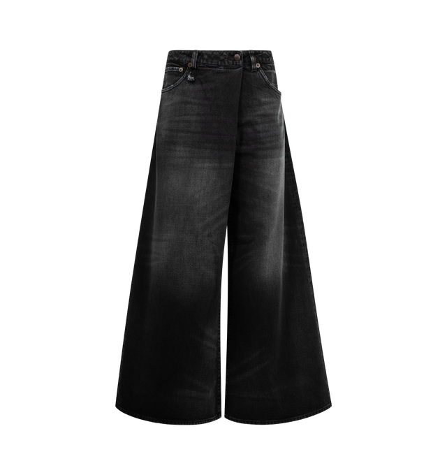 Image 1 of 3 - BLACK - R13 Nico Wrap Jeans featuring wide leg, asymmetrical wrap waist, distressing throughout, belt loops, five-pocket styling, zip fly and leather logo patch at back waistband. 100% cotton. Made in Italy.