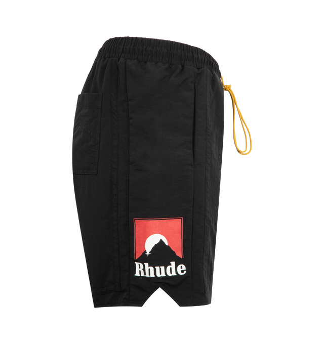 Image 3 of 3 - BLACK - RHUDE Moonlight Shorts featuring nylon taffeta shorts, drawstring at elasticized waistband, three-pocket styling, vented cuffs, logo graphic printed at outseams and full twill lining. 100% nylon. Lining: 100% polyester. Made in United States.