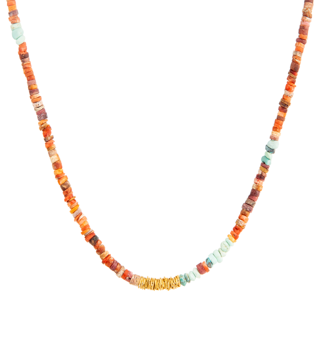Image 1 of 1 - ORANGE - Eli Halili Coral and Turquoise Beaded Necklace is handcrafted with a vibrant strand of coral and turquoise accented by 22K gold discs, creating a distinctive combination of natural color and rich high-karat gold. Finished with a 22K gold closure, this fine jewelry necklace reflects Eli Halili's signature artisanal approach to precious metals and natural materials. Main Material: 22K Gold. Beads: Coral and Turquoise. Details: 22K Gold Discs. Closure: 22K Gold. Length: 18 in. For perso
