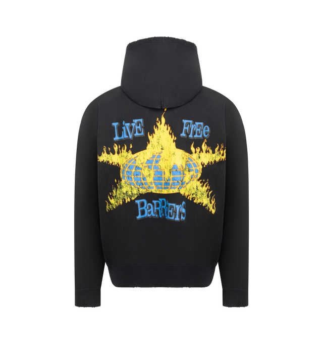 Image 2 of 3 - BLACK - BARRIERS World in Flames Hoodie featuring slightly boxy fit, hidden pocket, screen printed graphic on front and back and heavy weight. 100% cotton.