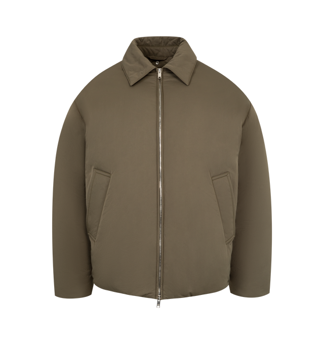 Image 3 of 4 - GREEN - BOTTEGA VENETA Puffer jacket in cotton twill with detachable Intrecciato leather collar, zip closure, lined in cotton twill, front pockets and regular fit. 69% cotton, 31% polyamide. Made in Italy.