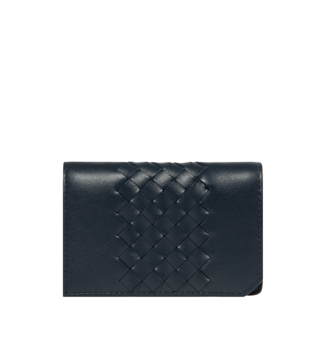Image 1 of 3 - NAVY - BOTTEGA VENETA Intrecciato Piccolo Business Card Case featuring intrecciato piccolo calfskin leather card case with smooth sides, one compartment, one card slot and one back pocket. 3.0" x 4.3" x 1.0". Calfskin. Made in Italy.
