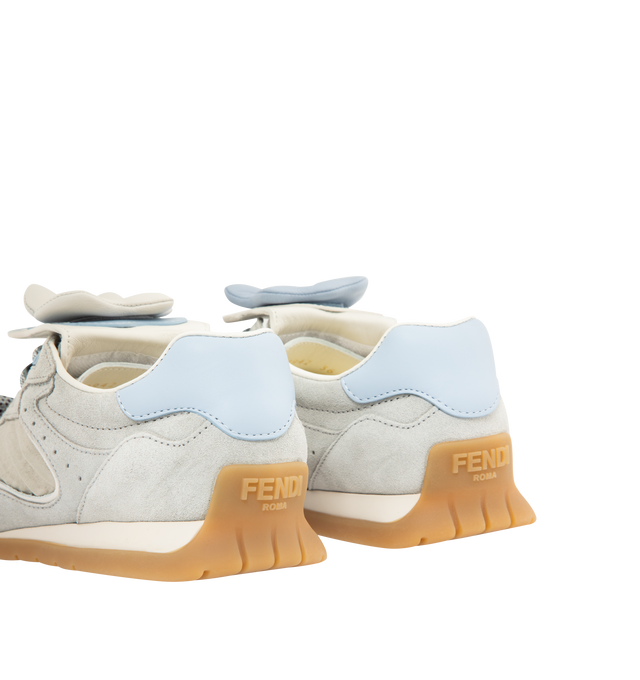 Image 3 of 5 - GREY - FENDI Wave Pulse Sneaker featuring lace-up closure, low-top, light gray satin with pleats and tone-on-tone suede inserts, leather heel collar, detachable, folded tongue decorated with a three-dimensional matching corolla, elastic laces combined with multicolor tubular laces and decorated with light blue beads and cubic elements with a gold-finish FF motif. Three-dimensional rubber logo applied on the side and tongue. Beige rubber running sole with wraparound edge on the side and diagon