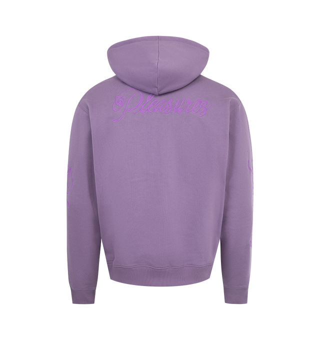 Image 2 of 3 - PURPLE - PLEASURES Scrawl Cotton Blend Hoodie featuring relaxed fit, drawstring hood, ribbed cuffs and hem and kangaroo pocket. 50% cotton, 50% polyester.