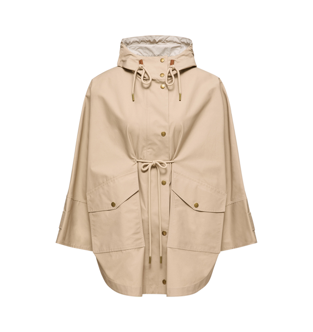 Image 1 of 1 - NEUTRAL - MONCLER Brunnera Long Parka featuring hooded cape jacket in cotton-blend with adjustable toggles, drawstring hood, press-stud fastening, rounded hem, center back vent and flap pockets. 60% cotton, 40% polyamide.