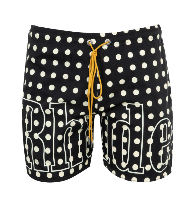 Image 1 of 3 - BLACK - RHUDE Polka Dot Swim Shorts featuring polka dot pattern printed throughout, drawstring at elasticized waistband, three-pocket styling, logo printed at front, vented cuffs and stretch mesh briefs-style underlay. 100% polyester. Lining: 85% nylon, 15% spandex. Made in United States. 