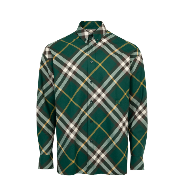 Image 1 of 2 - GREEN - Burberry Check cotton twill shirt embroidered with the Equestrian Knight Design. The style is tailored to an oversized fit with a button-down collar, button closure, single-button cuffs and curved hem. 100% cotton with mother-of-pearl buttons. 